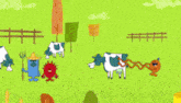 a cartoon illustration of pigs in a field with a red barn in the background