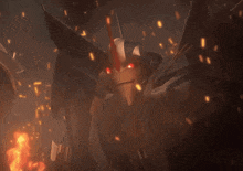 a robot with red eyes is surrounded by flames and smoke