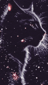 a black cat with a white tail is looking at the camera in a painting .