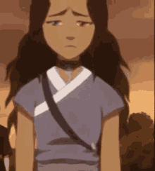 a cartoon girl with long hair is standing in front of a group of people .