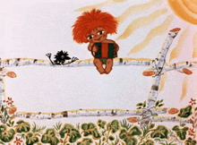 a cartoon character is sitting on a tree branch with a fan