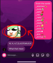 a screenshot of a text message with the words finish the words atermon