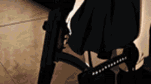 a woman in a black skirt is holding a gun and a sword .