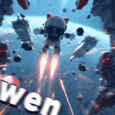 a cat in a space suit is flying through the air with the word wen written below him
