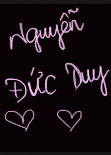 the name duc duy is written in white chalk on a black board