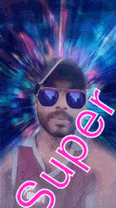 a man wearing sunglasses and a hat is surrounded by the words super