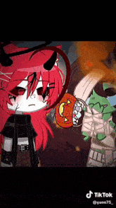 a cartoon character with red hair and horns is holding a pumpkin and a mummy .