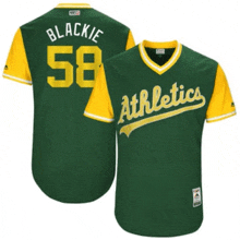 a green and yellow athletics jersey with the name blackie on the front