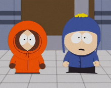two south park characters standing next to each other on a tile floor