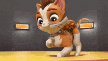 a cartoon cat with a badge on its back is running