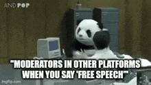 a panda mascot is sitting at a desk next to a man .
