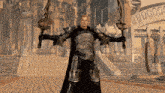 a man in armor holds two swords in front of stairs