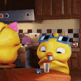 a cartoon chicken wearing sunglasses sits at a table with a cup