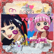 a collage of two anime girls with the words i love you marry me