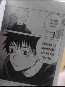 a black and white drawing of a man with a speech bubble that says " ca nhan thấy cho rằng "
