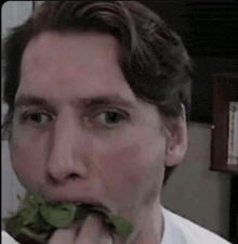 a close up of a man eating a piece of lettuce .
