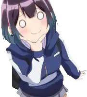 a girl with purple hair and white eyes is making a funny face with her hand on her chin