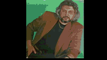 a man with a beard wearing a brown jacket and a black shirt