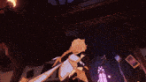 a cartoon character is standing on a table with a plate of cake on it