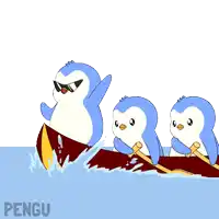 a cartoon of three penguins in a boat with the word pengu on the bottom right