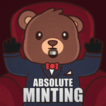 a teddy bear wearing a suit and bow tie is sitting in a red chair with the words absolute minting below him