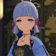 a close up of a girl with blue hair and a necklace