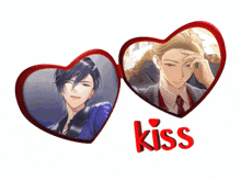 a couple of hearts with the word kiss in red