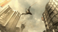 a man is flying through the air in front of a building that has a red sign that says ' food ' on it