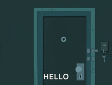 a cartoon character is standing in front of a door and says hello