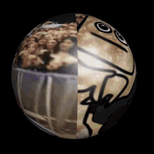 a sphere with a picture of a crowd and a picture of a cartoon face with the letter a on it