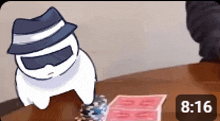 a cartoon character wearing a hat and sunglasses is playing poker ..