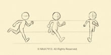 a drawing of three stick figures running with the copyright mish7913