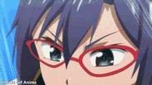 a close up of a person wearing red glasses and a blue hair