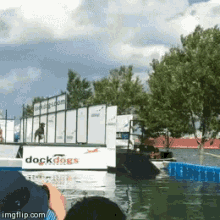 a dog on a stage with a sign that says dockdogs