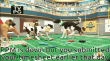 a group of dogs playing a game of football with the words ppm is down but you submitted your timesheet earlier that day below