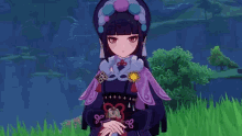 a cartoon girl is standing in the grass with her eyes closed .