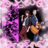 a man playing a guitar and a woman singing into a microphone with hearts around them and the word inslide at the bottom