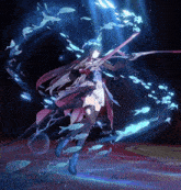 a girl is surrounded by fish and is holding a sword