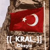a red flag with a white star and crescent moon is flying in front of a rocky cliff