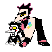 a pixel art drawing of a cartoon character holding a balloon .