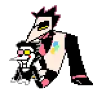a pixel art drawing of a cartoon character holding a balloon .