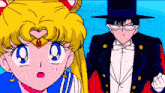 a man in a top hat and bow tie stands next to a girl in a blue dress