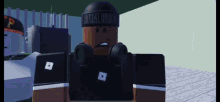 a roblox character wearing headphones and a hat that says loyal rider