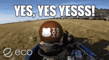 a graphic that says yes yes yesss with an apple logo on a helmet