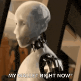 a robot is saying `` my wallet right now '' while standing in a room .