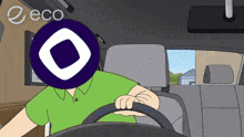 a man in a green shirt is driving a car with a purple logo on his head