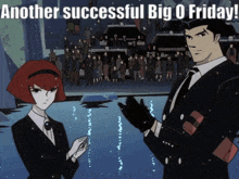 a man and a woman standing next to each other with another successful big o friday written on the bottom