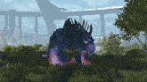 a purple monster is standing in a field with a bridge in the background