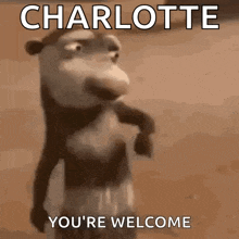 a cartoon monkey is standing in front of a brown background and says charlotte you 're welcome .