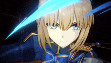 a close up of a cartoon character with a blue sword